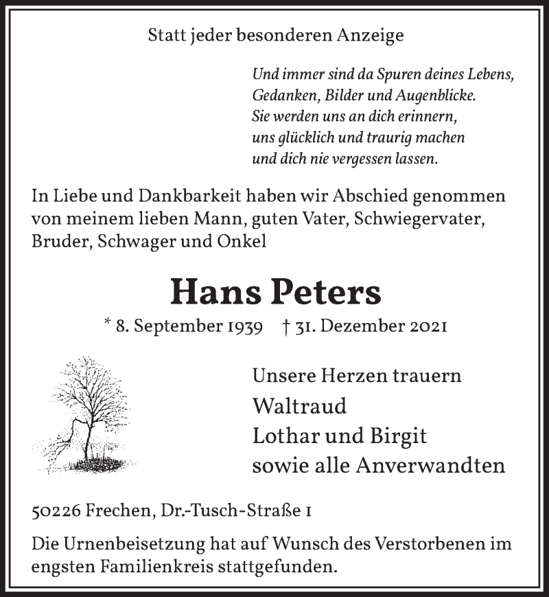  Traueranzeige für Hans Peters vom 14.01.2022 aus  Wochenende 