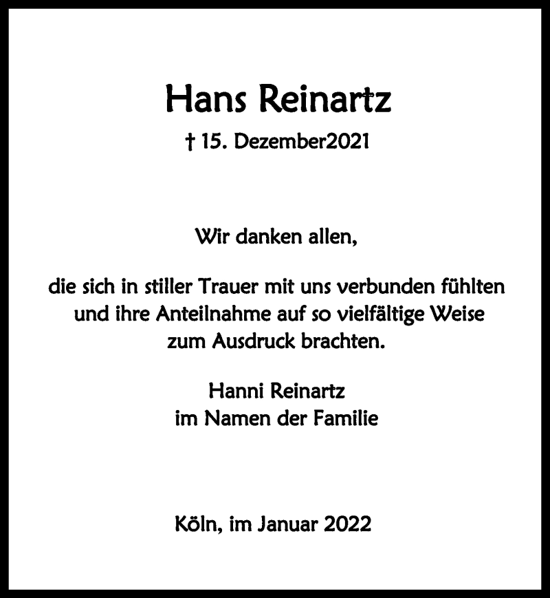  Traueranzeige für Hans Reinartz vom 21.01.2022 aus  Kölner Wochenspiegel 