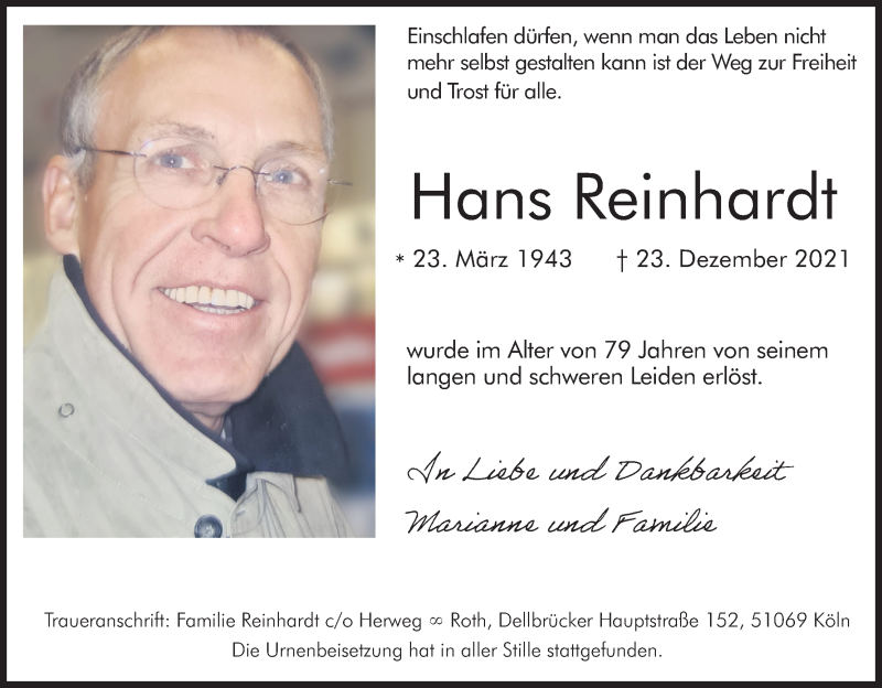  Traueranzeige für Hans Reinhardt vom 15.01.2022 aus Kölner Stadt-Anzeiger / Kölnische Rundschau / Express