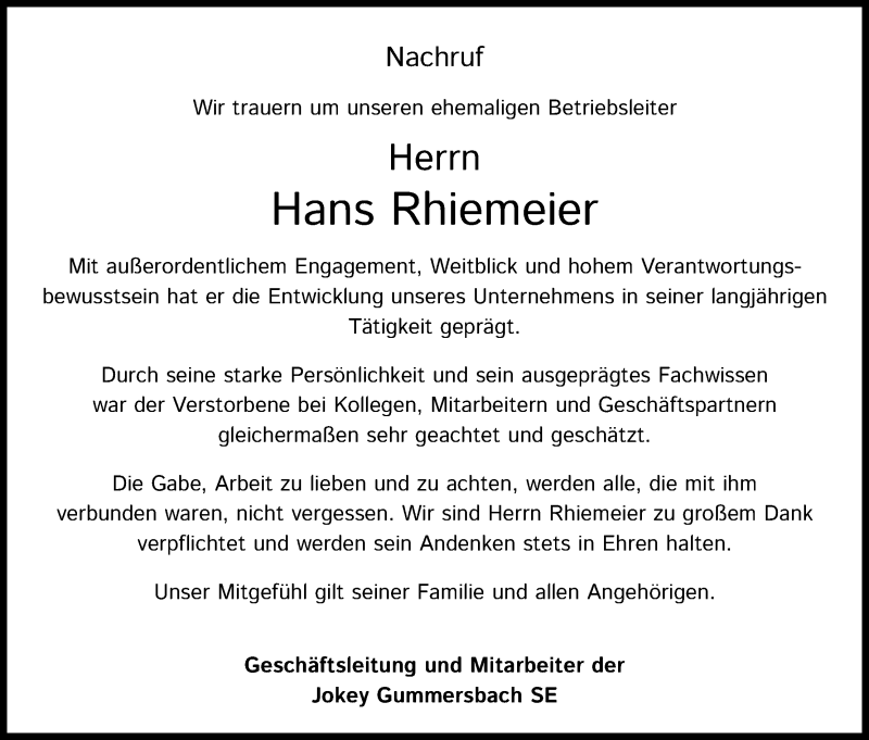  Traueranzeige für Hans Rhiemeier vom 14.01.2022 aus Kölner Stadt-Anzeiger / Kölnische Rundschau / Express