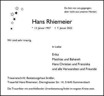 Anzeige von Hans Rhiemeier von Kölner Stadt-Anzeiger / Kölnische Rundschau / Express