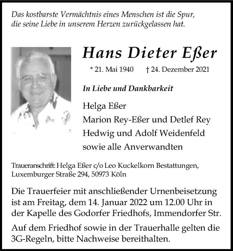  Traueranzeige für Hans Dieter Eßer vom 08.01.2022 aus Kölner Stadt-Anzeiger / Kölnische Rundschau / Express