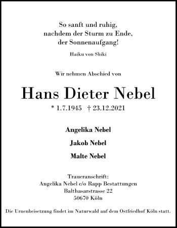 Anzeige von Hans Dieter Nebel von Kölner Stadt-Anzeiger / Kölnische Rundschau / Express