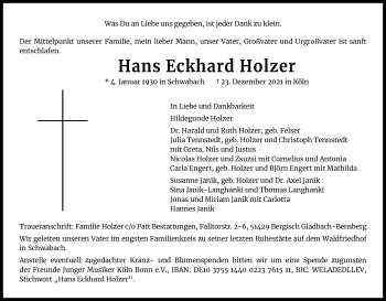 Anzeige von Hans Eckhard Holzer von Kölner Stadt-Anzeiger / Kölnische Rundschau / Express
