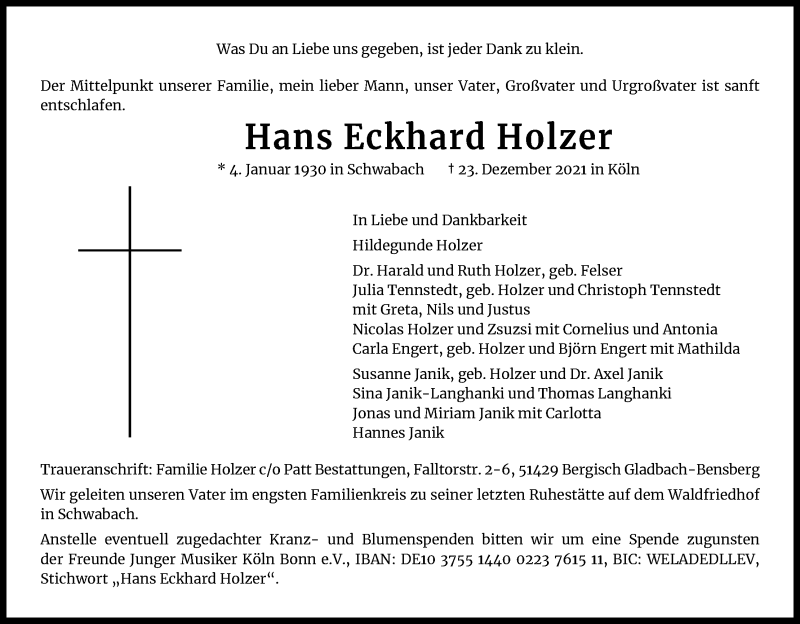  Traueranzeige für Hans Eckhard Holzer vom 08.01.2022 aus Kölner Stadt-Anzeiger / Kölnische Rundschau / Express