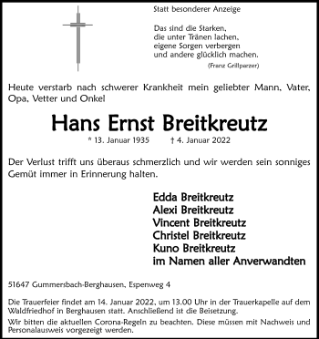 Anzeige von Hans Ernst Breitkreutz von Kölner Stadt-Anzeiger / Kölnische Rundschau / Express