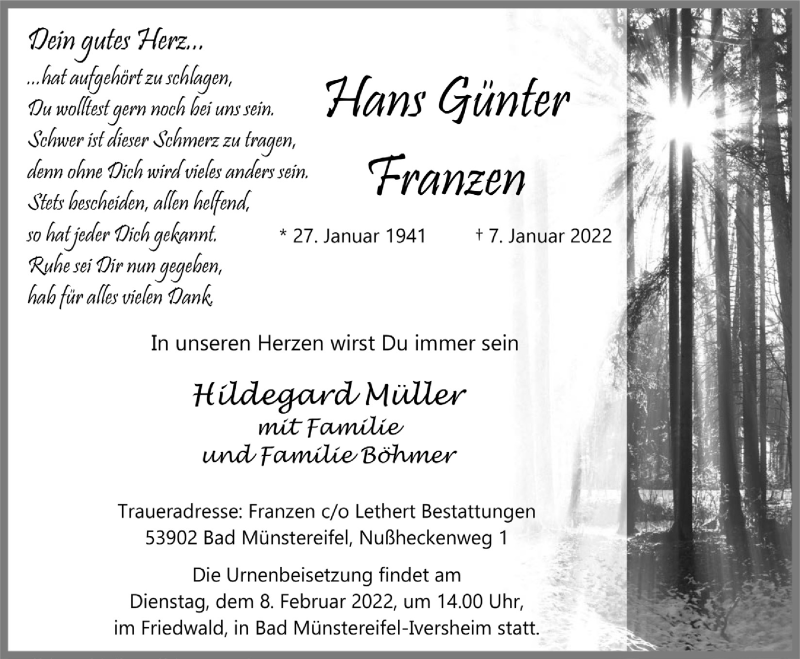  Traueranzeige für Hans Günter Franzen vom 22.01.2022 aus  Blickpunkt Euskirchen 