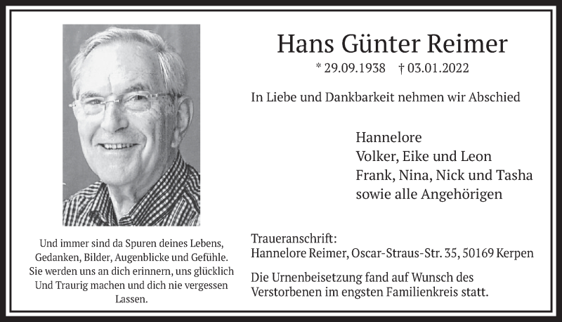  Traueranzeige für Hans Günter Reimer vom 28.01.2022 aus  Werbepost 
