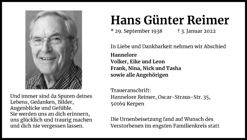  Traueranzeige für Hans Günter Reimer vom 29.01.2022 aus Kölner Stadt-Anzeiger / Kölnische Rundschau / Express