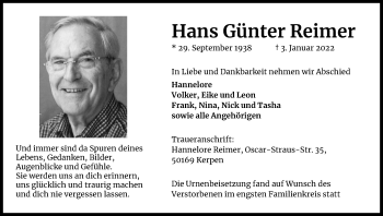 Anzeige von Hans Günter Reimer von Kölner Stadt-Anzeiger / Kölnische Rundschau / Express