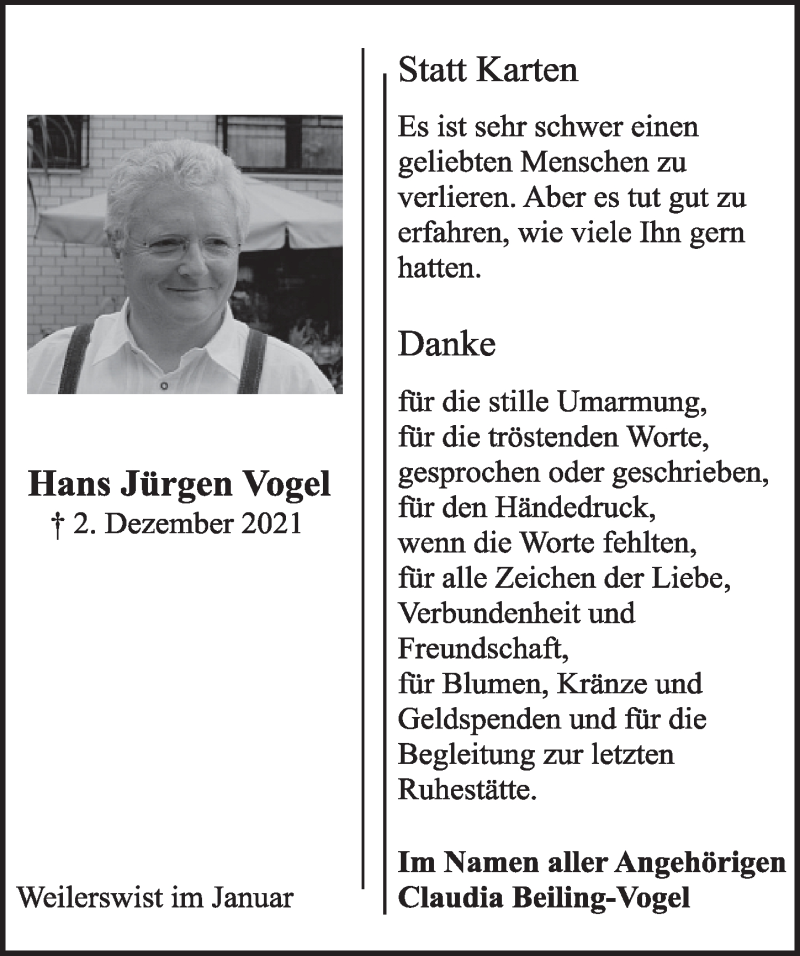  Traueranzeige für Hans Jürgen Vogel vom 14.01.2022 aus  Werbepost 