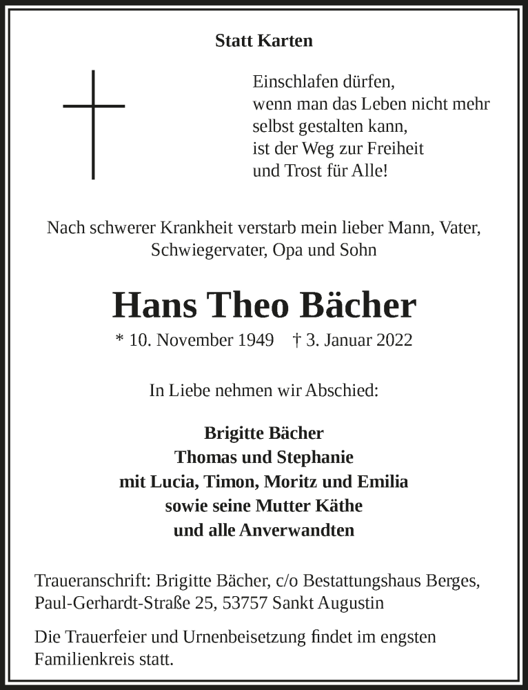  Traueranzeige für Hans Theo Bächer vom 14.01.2022 aus  Extra Blatt 