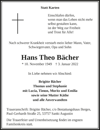 Anzeige von Hans Theo Bächer von  Extra Blatt 