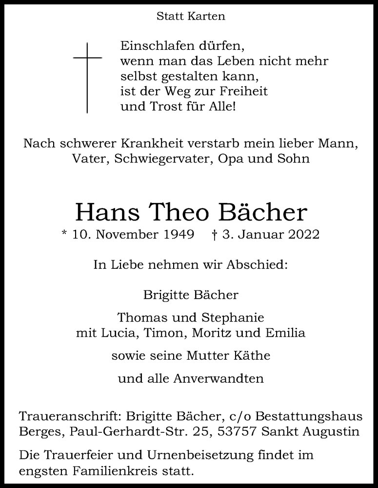  Traueranzeige für Hans Theo Bächer vom 15.01.2022 aus Kölner Stadt-Anzeiger / Kölnische Rundschau / Express