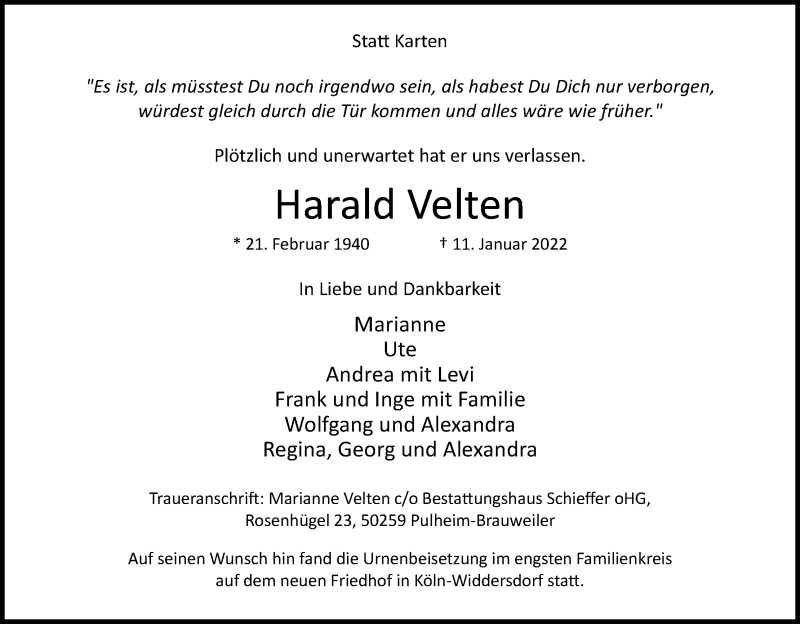  Traueranzeige für Harald Velten vom 29.01.2022 aus Kölner Stadt-Anzeiger / Kölnische Rundschau / Express