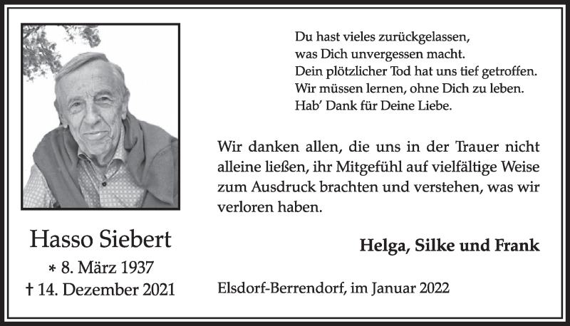  Traueranzeige für Hasso Siebert vom 28.01.2022 aus  Werbepost 
