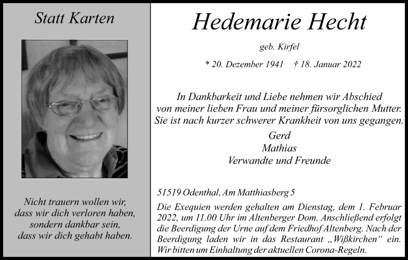  Traueranzeige für Hedemarie Hecht vom 22.01.2022 aus Kölner Stadt-Anzeiger / Kölnische Rundschau / Express