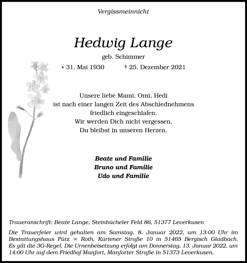  Traueranzeige für Hedwig Lange vom 05.01.2022 aus Kölner Stadt-Anzeiger / Kölnische Rundschau / Express