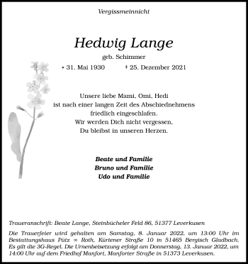 Anzeige von Hedwig Lange von Kölner Stadt-Anzeiger / Kölnische Rundschau / Express
