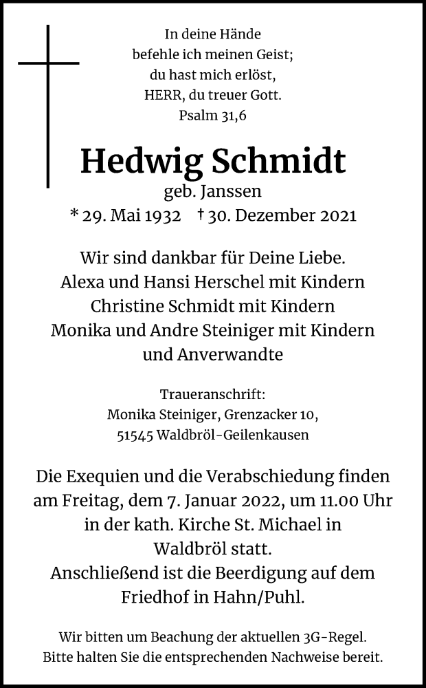  Traueranzeige für Hedwig Schmidt vom 05.01.2022 aus Kölner Stadt-Anzeiger / Kölnische Rundschau / Express