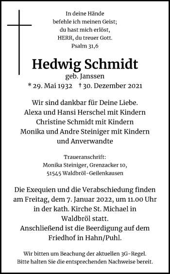 Anzeige von Hedwig Schmidt von Kölner Stadt-Anzeiger / Kölnische Rundschau / Express