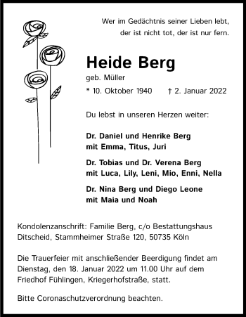 Anzeige von Heide Berg von Kölner Stadt-Anzeiger / Kölnische Rundschau / Express