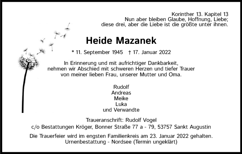  Traueranzeige für Heide Mazanek vom 22.01.2022 aus Kölner Stadt-Anzeiger / Kölnische Rundschau / Express
