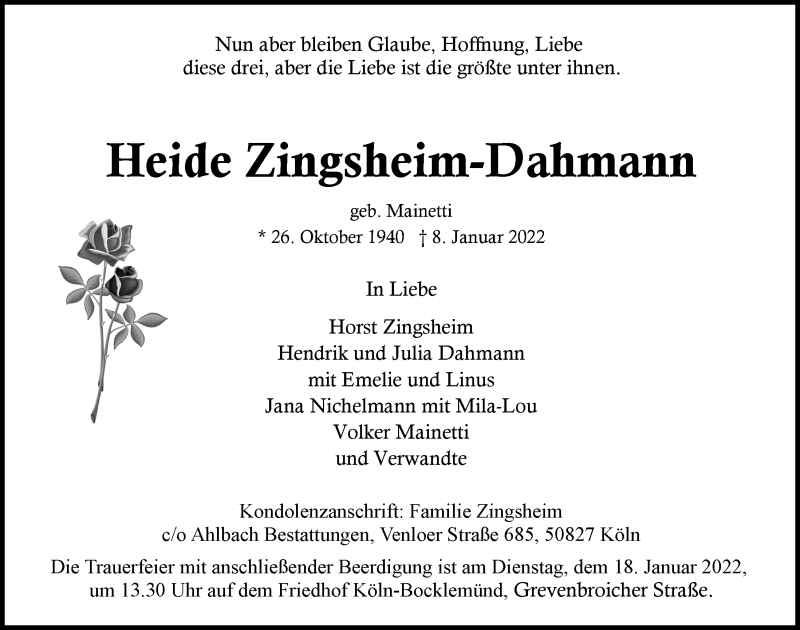  Traueranzeige für Heide Zingsheim-Dahmann vom 14.01.2022 aus  Kölner Wochenspiegel 