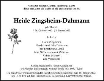 Anzeige von Heide Zingsheim-Dahmann von Kölner Stadt-Anzeiger / Kölnische Rundschau / Express