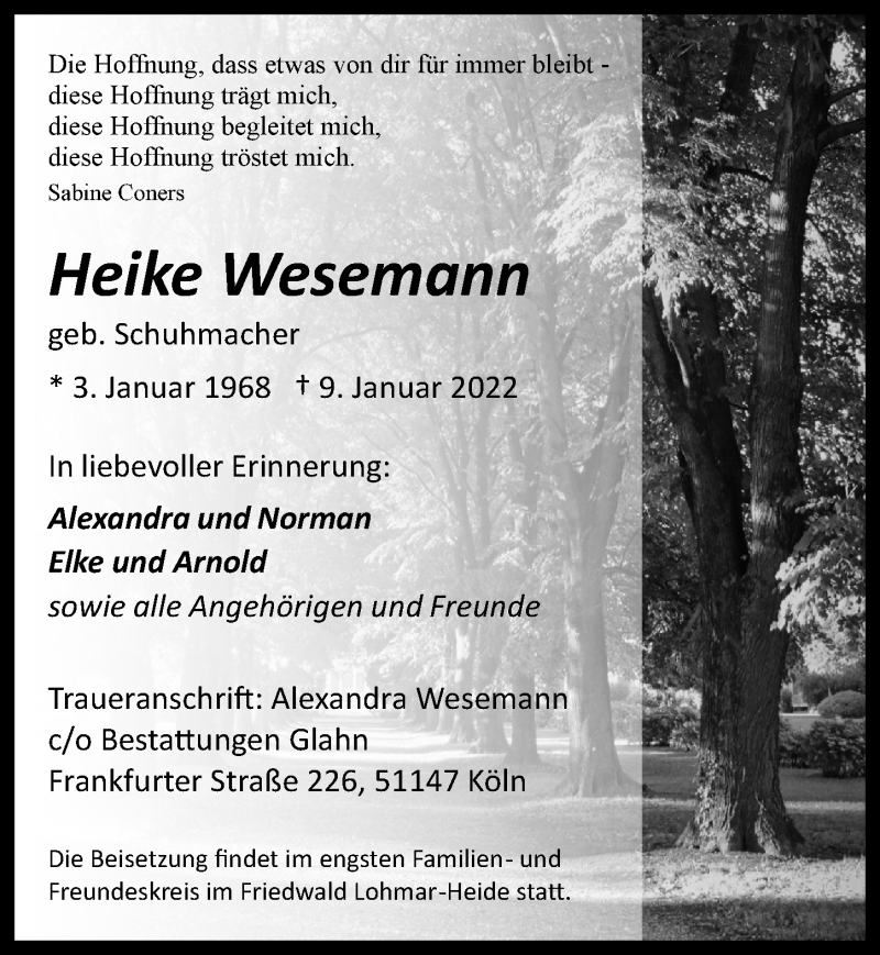  Traueranzeige für Heike Wesemann vom 14.01.2022 aus  Kölner Wochenspiegel 