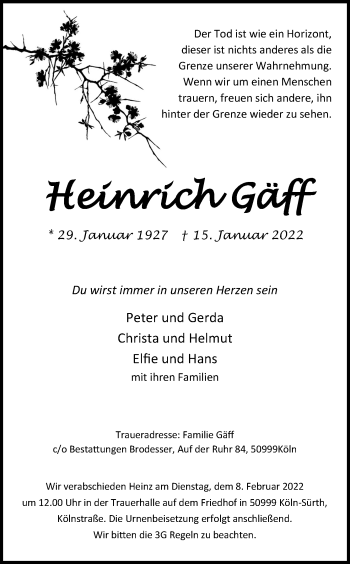 Anzeige von Heinrich Gäff von Kölner Stadt-Anzeiger / Kölnische Rundschau / Express
