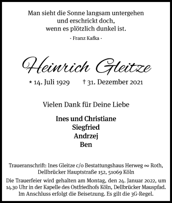Anzeige von Heinrich Gleitze von Kölner Stadt-Anzeiger / Kölnische Rundschau / Express