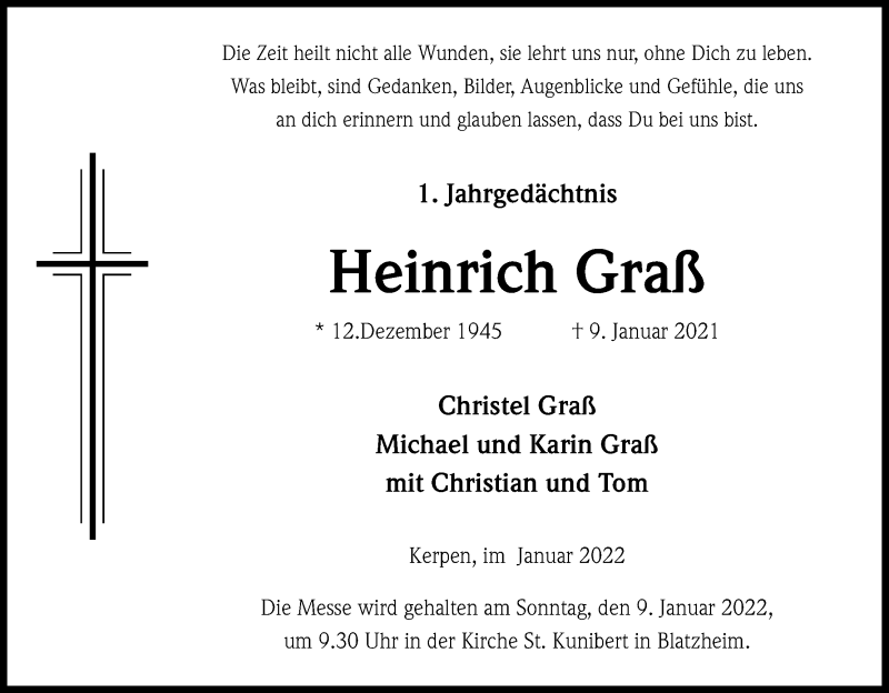 Traueranzeige für Heinrich Graß vom 05.01.2022 aus Kölner Stadt-Anzeiger / Kölnische Rundschau / Express