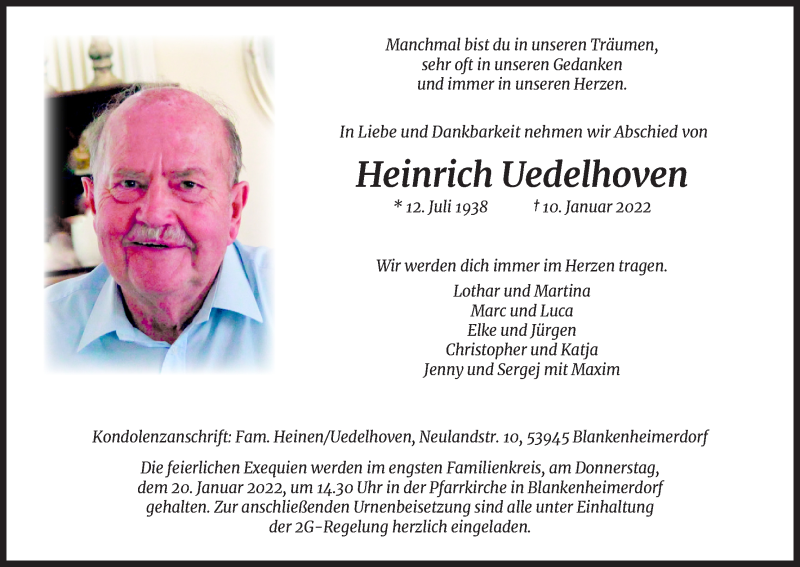  Traueranzeige für Heinrich Uedelhoven vom 15.01.2022 aus Kölner Stadt-Anzeiger / Kölnische Rundschau / Express