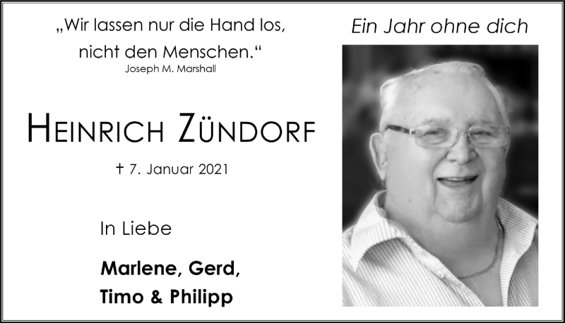  Traueranzeige für Heinrich Zündorf vom 07.01.2022 aus  Schlossbote/Werbekurier 