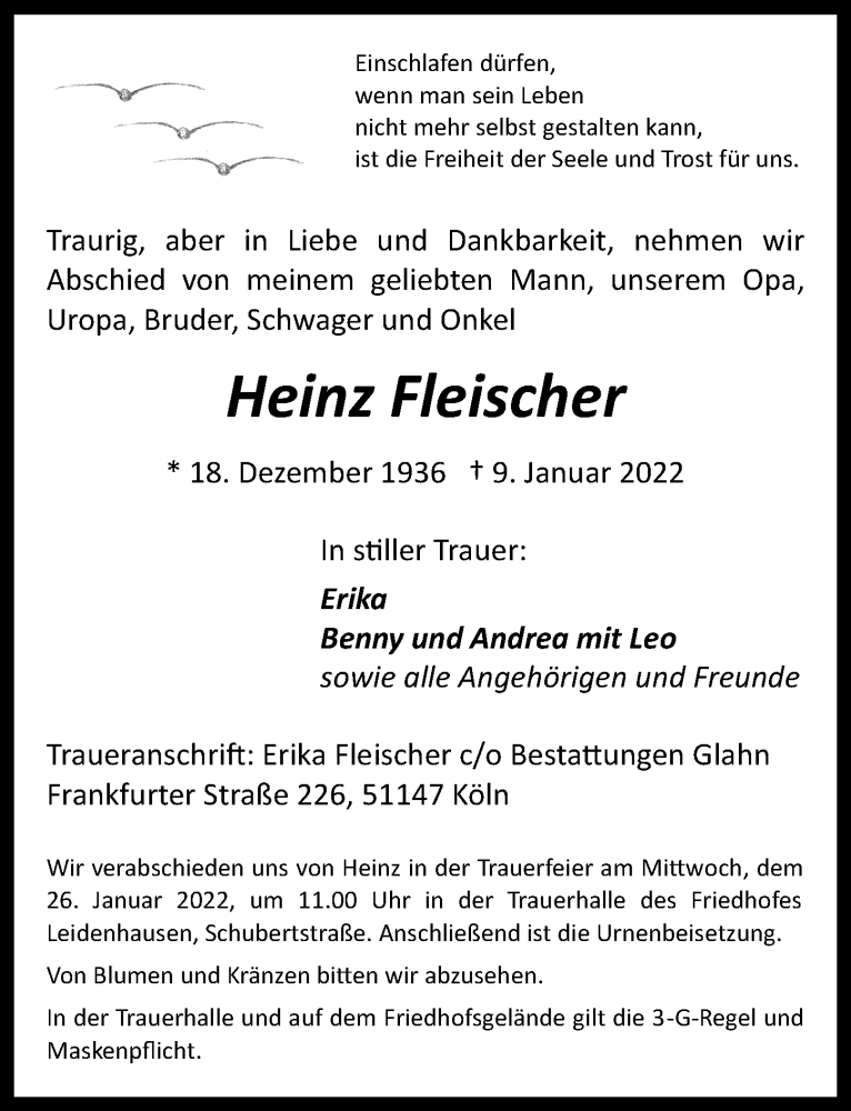  Traueranzeige für Heinz Fleischer vom 14.01.2022 aus  Kölner Wochenspiegel 
