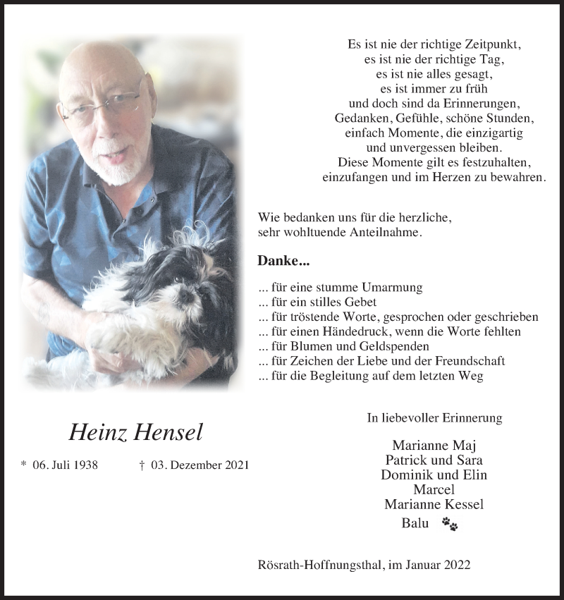  Traueranzeige für Heinz Hensel vom 15.01.2022 aus Kölner Stadt-Anzeiger / Kölnische Rundschau / Express