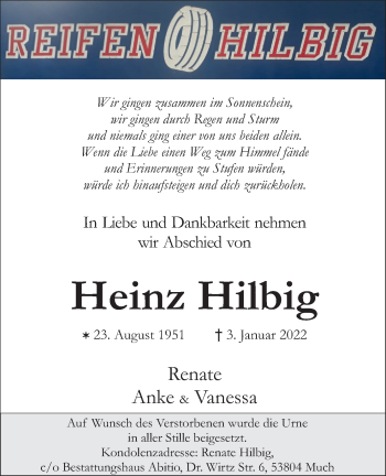 Anzeige von Heinz Hilbig von Kölner Stadt-Anzeiger / Kölnische Rundschau / Express