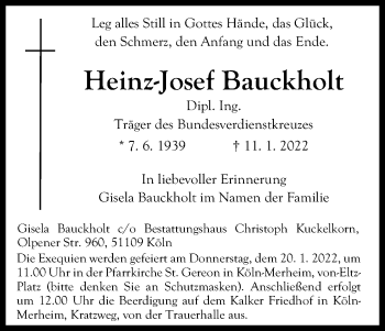 Anzeige von Heinz-Josef Bauckholt von Kölner Stadt-Anzeiger / Kölnische Rundschau / Express