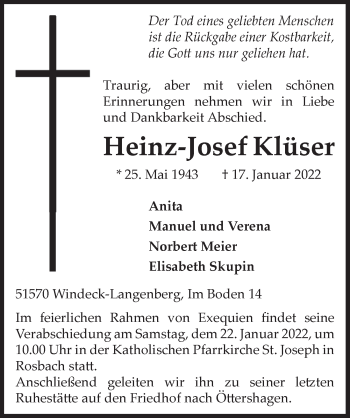 Anzeige von Heinz-Josef Klüser von  Lokalanzeiger 