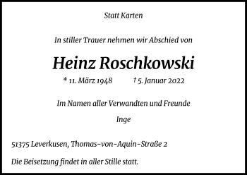 Anzeige von Heinz Roschkowski von Kölner Stadt-Anzeiger / Kölnische Rundschau / Express