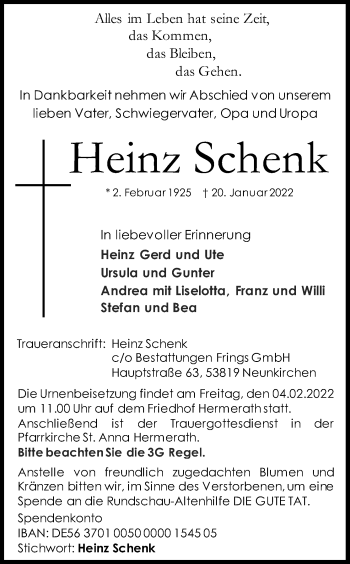 Anzeige von Heinz Schenk von Kölner Stadt-Anzeiger / Kölnische Rundschau / Express
