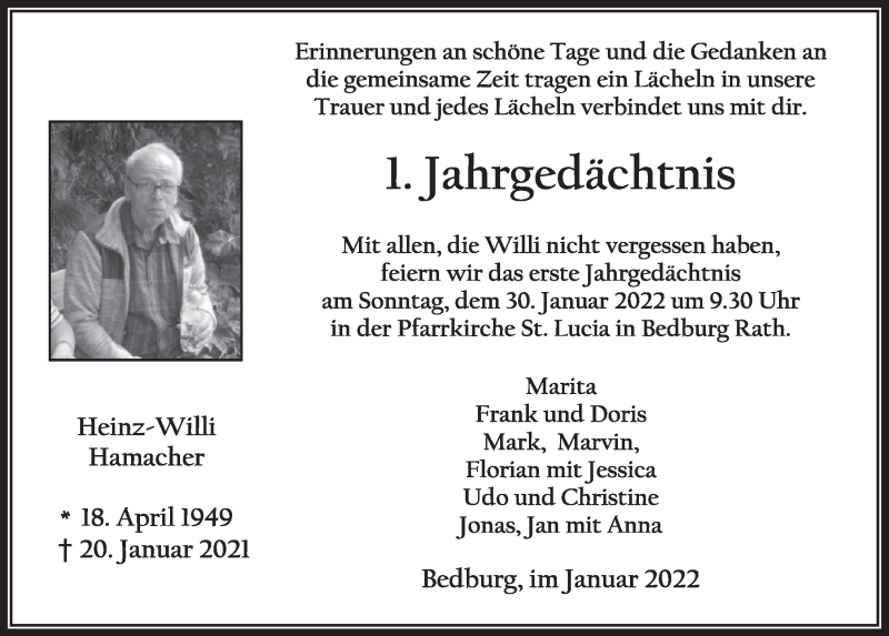  Traueranzeige für Heinz-Willi Hamacher vom 14.01.2022 aus  Werbepost 