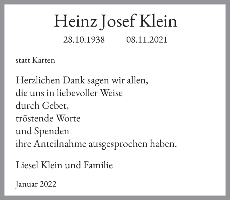  Traueranzeige für Heinz Josef Klein vom 28.01.2022 aus  Werbepost 