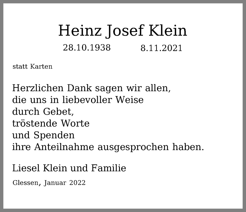  Traueranzeige für Heinz Josef Klein vom 18.01.2022 aus Kölner Stadt-Anzeiger / Kölnische Rundschau / Express
