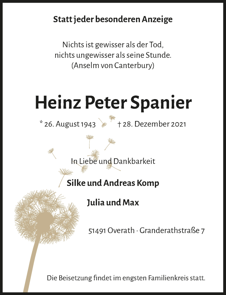  Traueranzeige für Heinz Peter Spanier vom 07.01.2022 aus  Bergisches Handelsblatt 