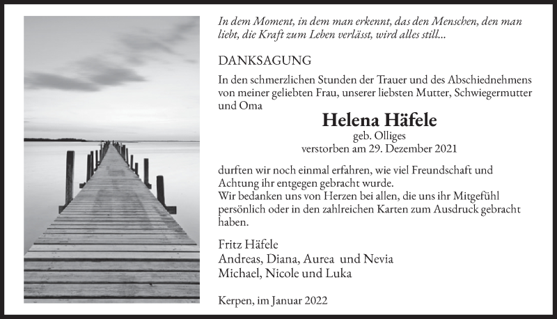  Traueranzeige für Helena Häfele vom 28.01.2022 aus  Werbepost 