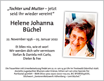 Anzeige von Helene Büchel von Kölner Stadt-Anzeiger / Kölnische Rundschau / Express