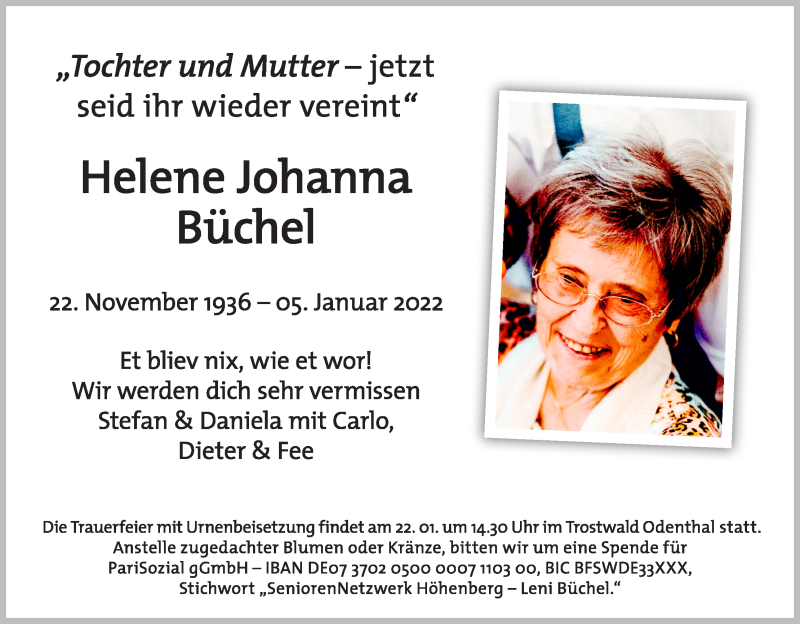  Traueranzeige für Helene Büchel vom 19.01.2022 aus Kölner Stadt-Anzeiger / Kölnische Rundschau / Express