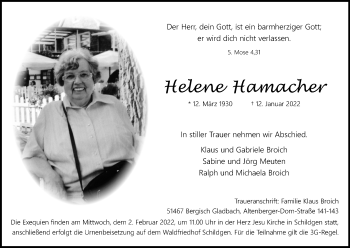 Anzeige von Helene Hamacher von Kölner Stadt-Anzeiger / Kölnische Rundschau / Express
